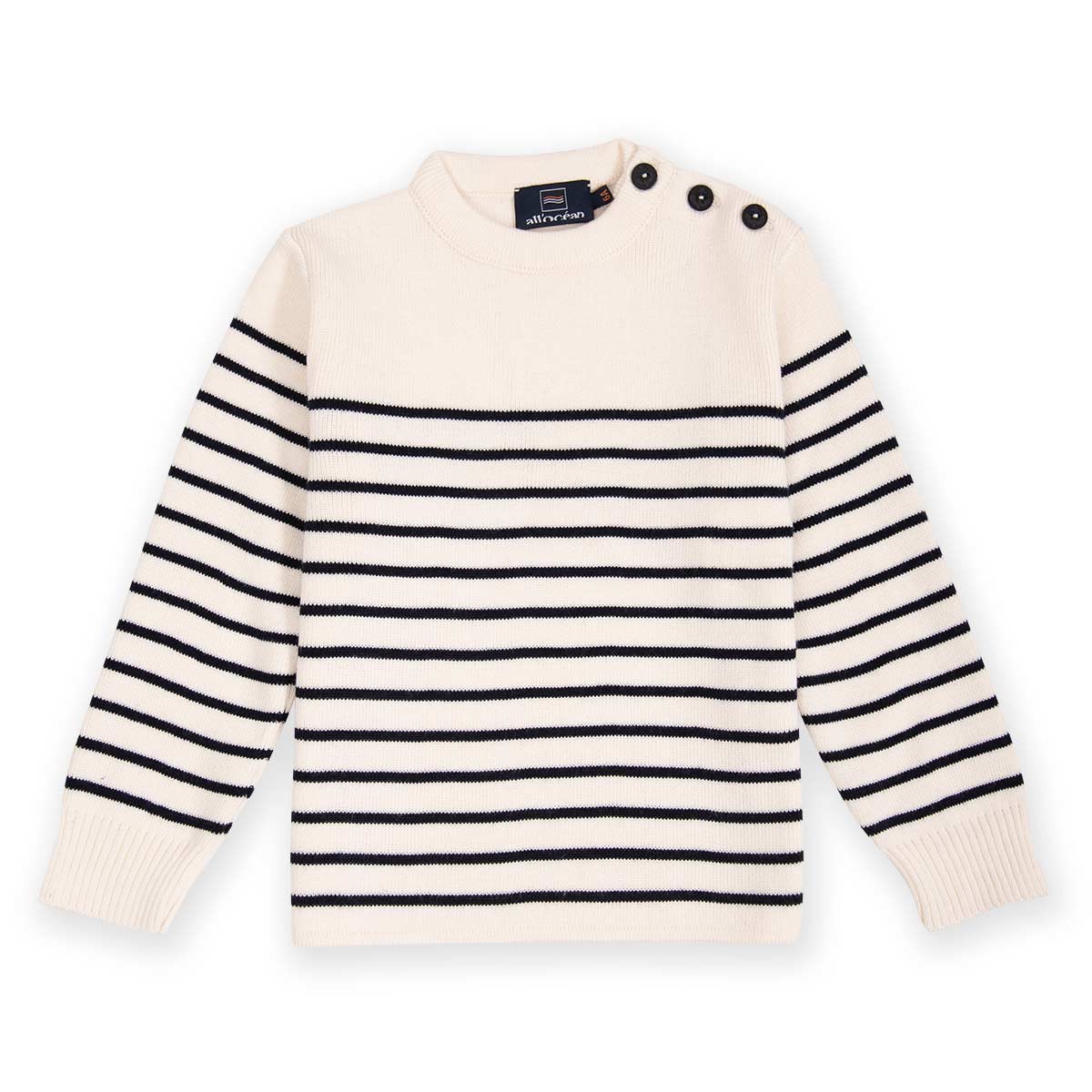 Pull Marin Garçon Rayé - Sauge Et Marine - Manches Longues - Épaule Boutonnée - Taille 14 Ans - Coton Acrylique