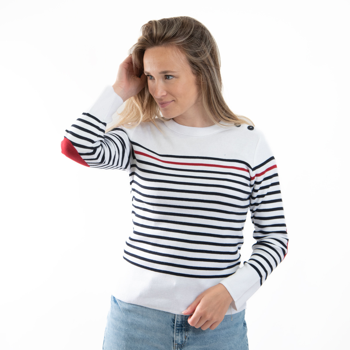 Pull marin femme avec coudières en coton et acrylique FRÉHEL - All'Océan