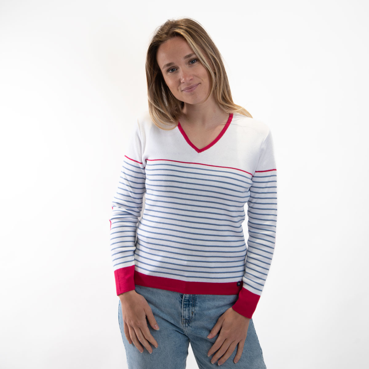 Pull marin rayé femme col V en coton & acrylique MARIE-GALANTE - All'Océan