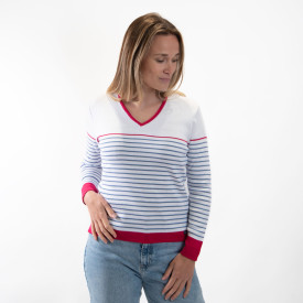 Pull marin rayé femme col V en coton & acrylique MARIE-GALANTE - All'Océan